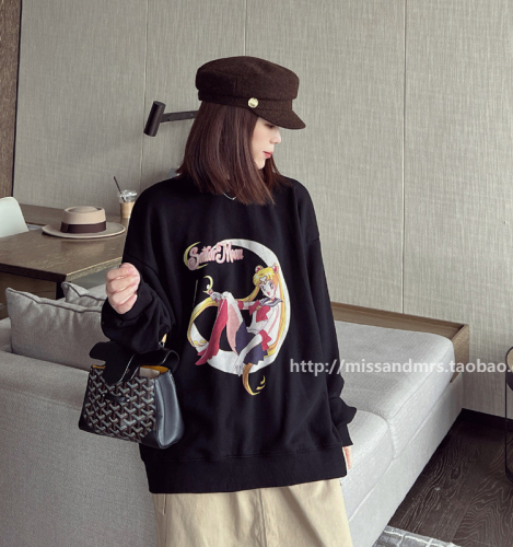 Official photo Korean version of the new loose round neck plus velvet thickened Moon Girl long-sleeved sweatshirt