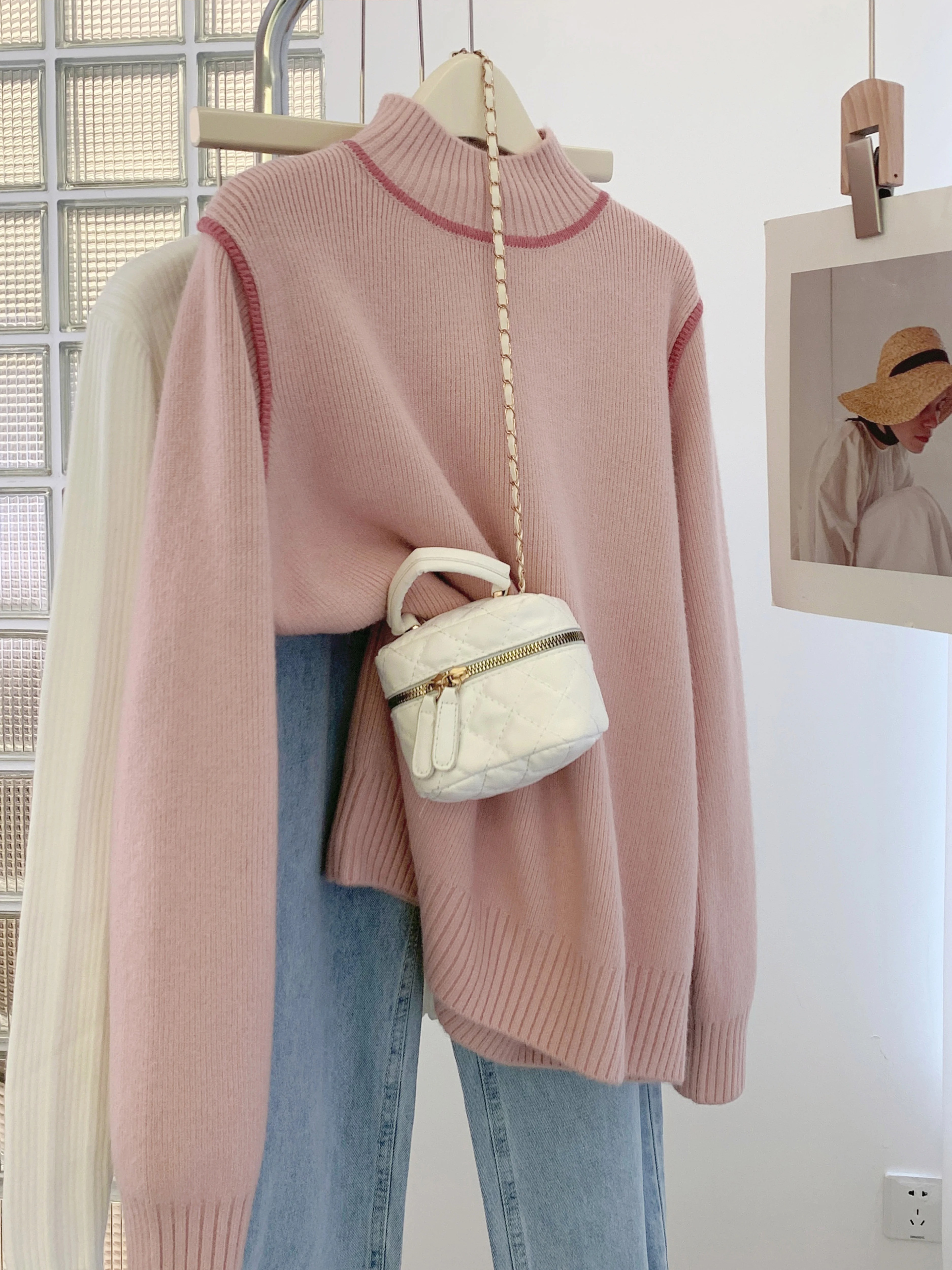 Pink raccoon velvet half-high collar inner bottoming shirt for women in autumn and winter sweet mid-collar knitted sweater thickened top for winter