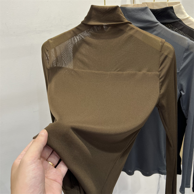 Solid color half turtleneck lace bottoming shirt for women early autumn 2023 new mesh top chiffon shirt for women T-shirt