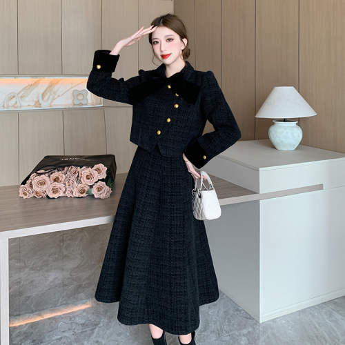 Actual shot of  winter celebrity bow small fragrant quilted jacket top + fishtail half-length skirt two-piece set