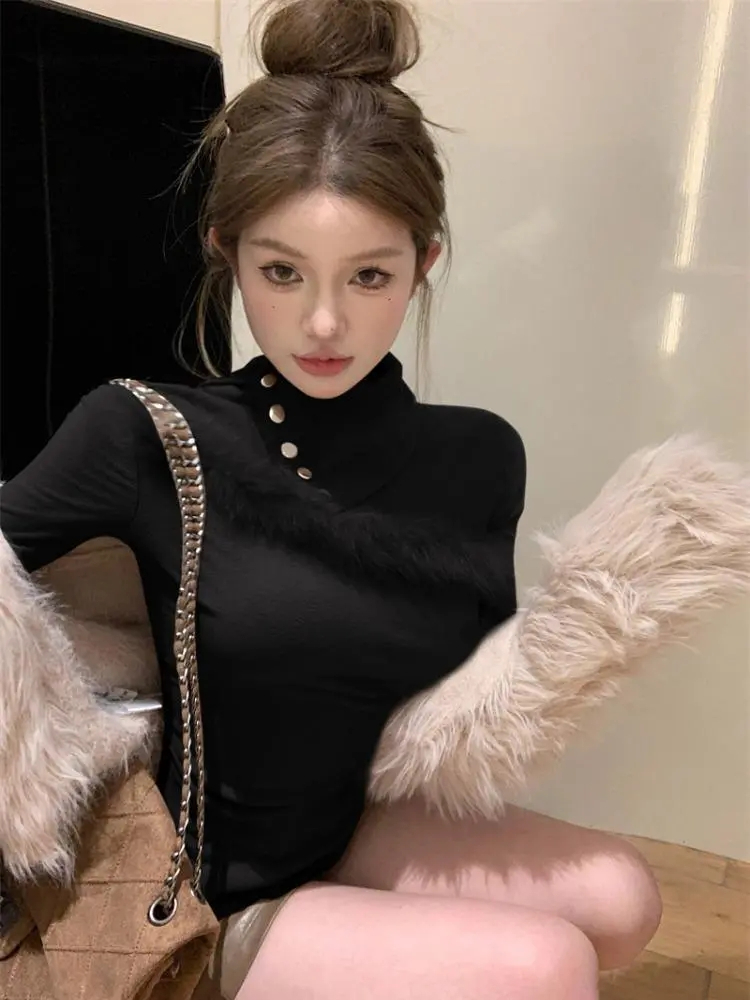 Irregular turtleneck fur patchwork T-shirt for women