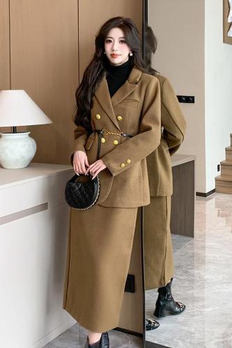 Actual shot of  winter quilted woolen suit version warm jacket + high-waisted slimming half-length skirt belt set