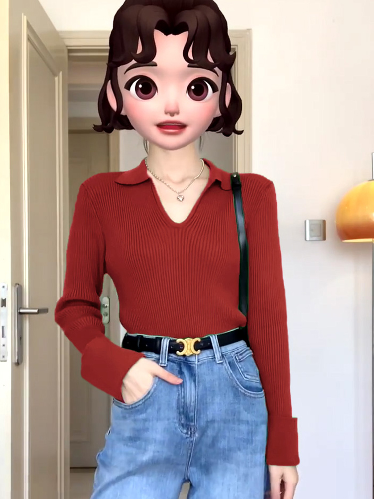 Autumn and winter new year red polo neck sweater for women Christmas trumpet sleeves with bottoming sweater and stylish v-neck top