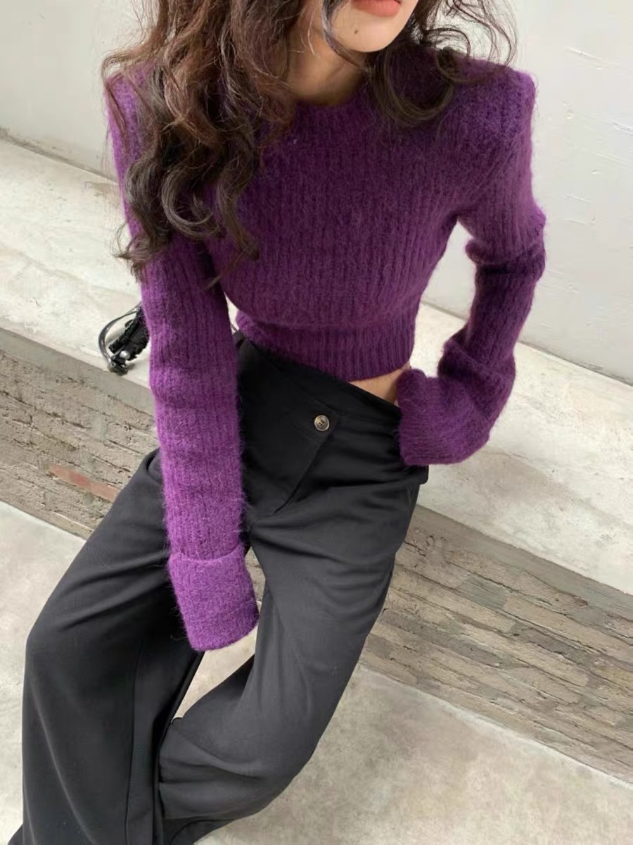 American retro temperament purple sweater women's winter clothing this year's popular short sweater unique sexy top jacket