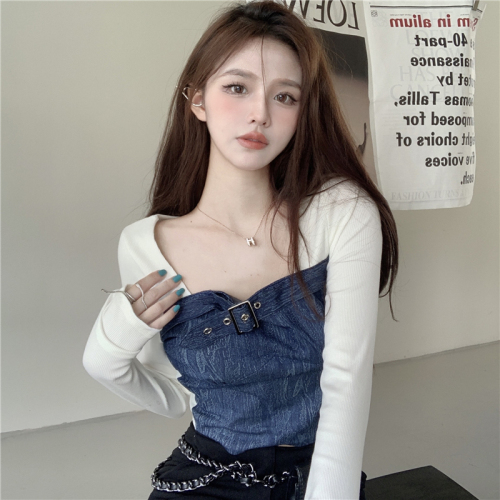 Chic sweet and spicy splicing long-sleeved fake two-piece bottoming shirt for women in autumn and winter unique design niche pure desire short top