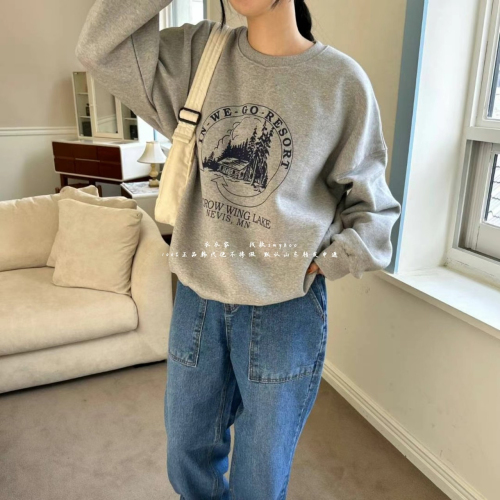 Official picture Hong Kong style chic retro trendy brand letter printed round neck top for women autumn and winter Korean version slimming pullover sweatshirt