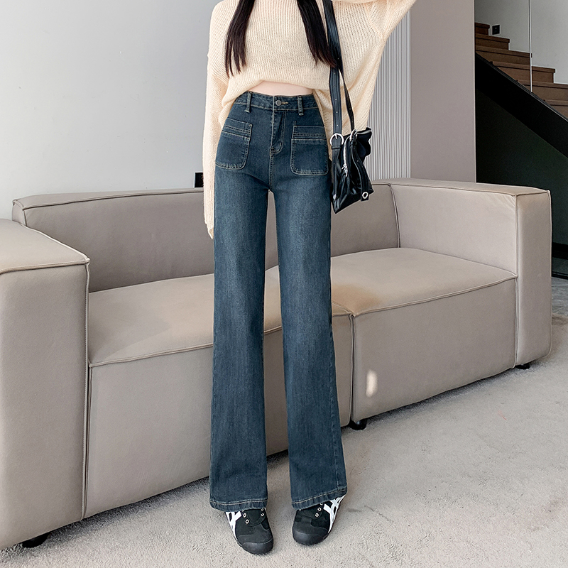 Real shot ~ cement gray retro narrow version wide leg pants jeans for women new high waist slim straight jeans