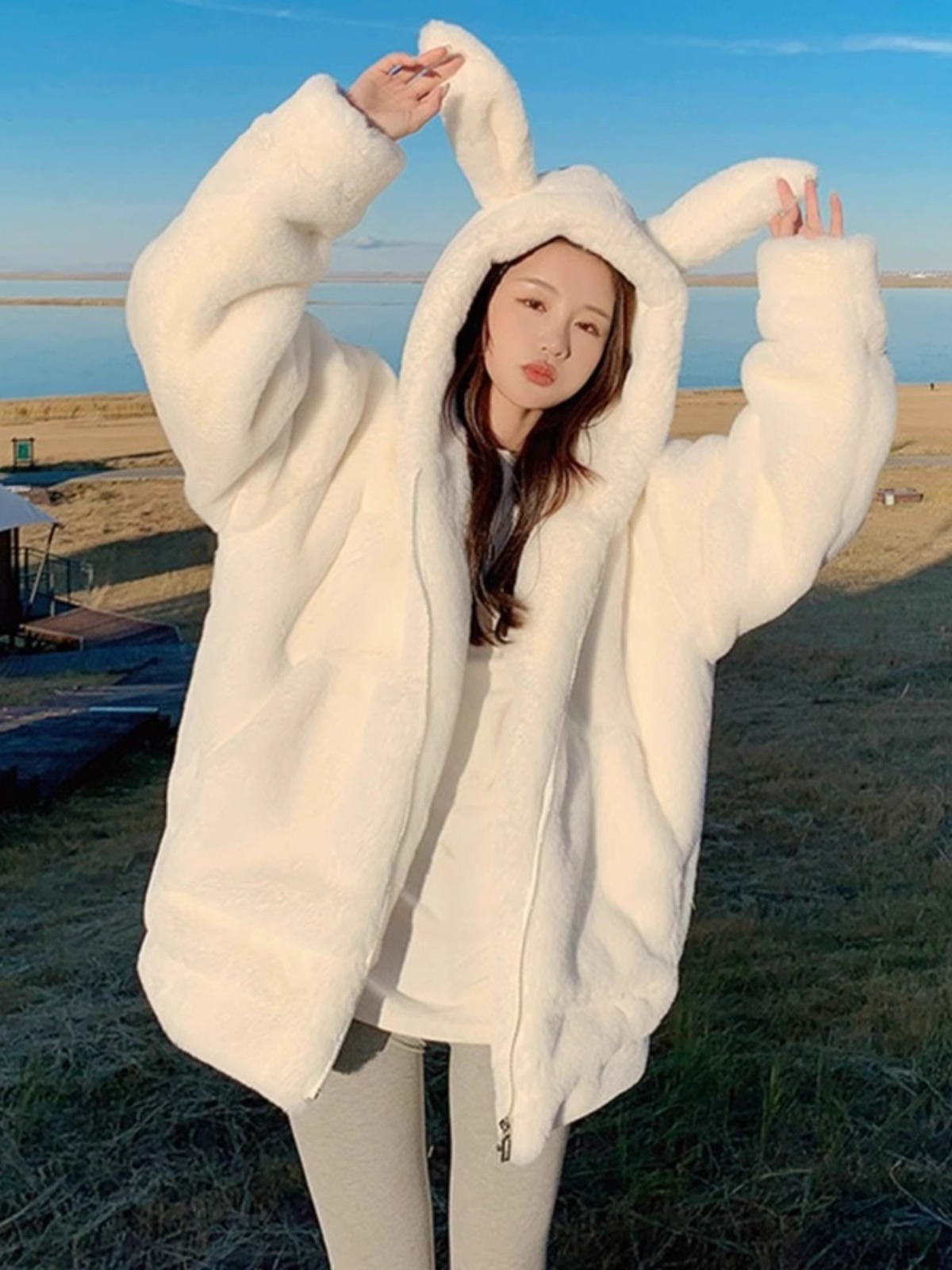 獺兔毛皮草外套女中長款連帽2023年新款加厚寬鬆可愛毛絨冬季大衣
