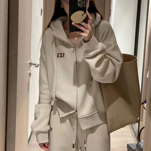  new autumn and winter high-end fashionable velvet hooded sweatshirt casual sports two-piece suit pants for women