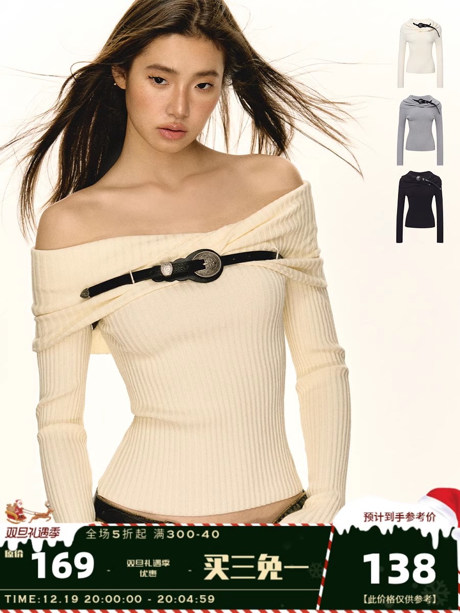 Ariseism American retro one-shoulder long-sleeved sweater for women 2023 autumn new hot girl slim-fitting top