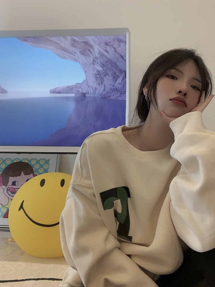 Official photo Chinese cotton composite thin 310g/plus velvet 410g autumn and winter sweatshirt for women with printed loose large size