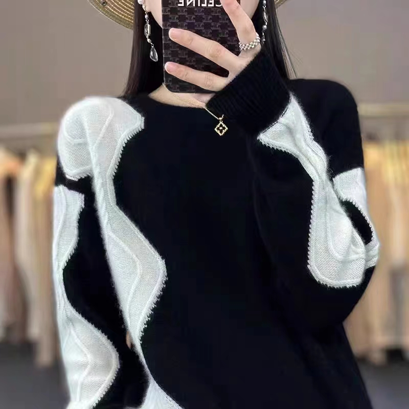 Sheep wool, length 58, bust 55, 2024 spring and autumn new style chic contrast color pullover top