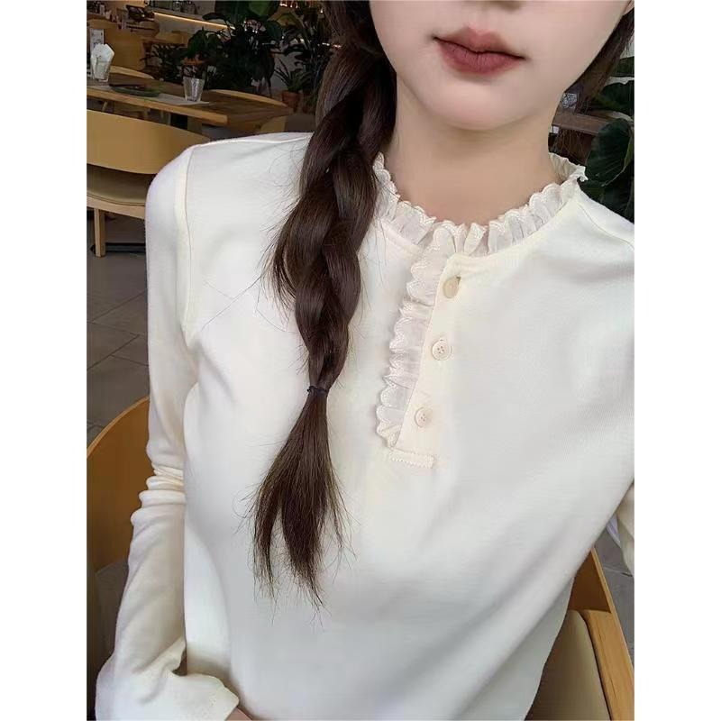 DeRong Korean style gentle, sweet and pure desire versatile lace long-sleeved bottoming T-shirt for women in autumn slim fit and versatile tops