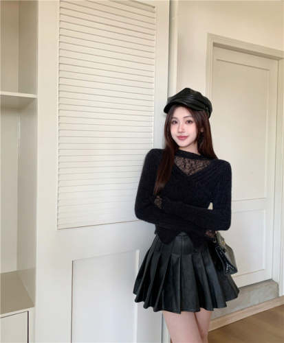 Real shot of winter lace stitching fake two-piece imitation mink fur design top bottoming sweater