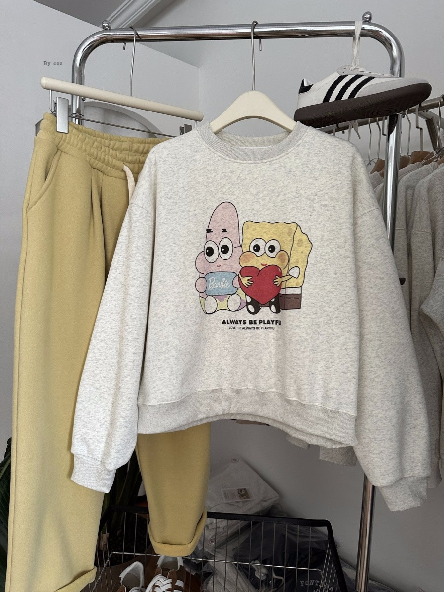 Dongdaemun casual loose fleece 250g/big sweatshirt round neck autumn and winter sweatshirt for women with fleece