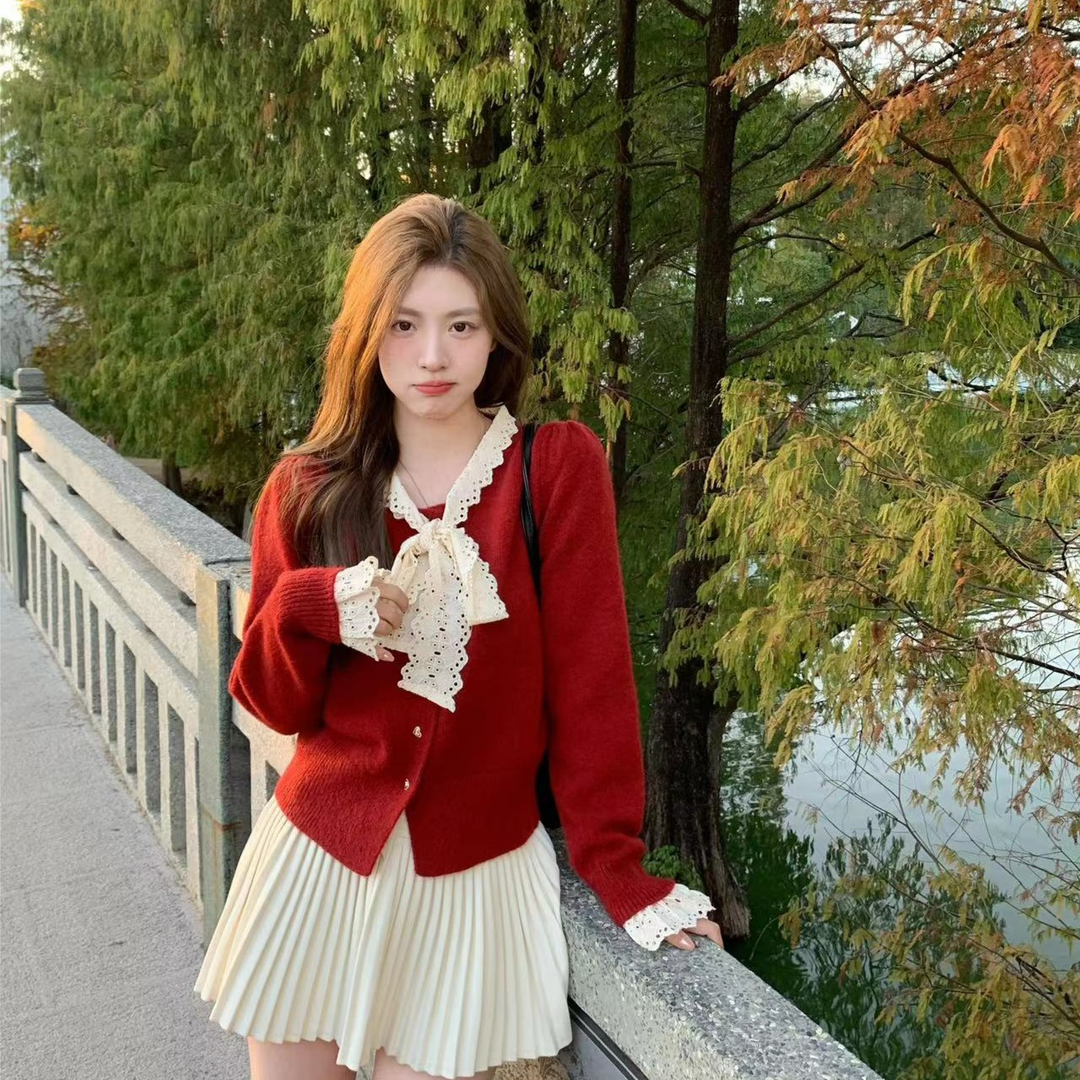 2023 new autumn and winter women's French lace lace-up knitted cardigan with puff sleeves, slim and fashionable outer sweater jacket