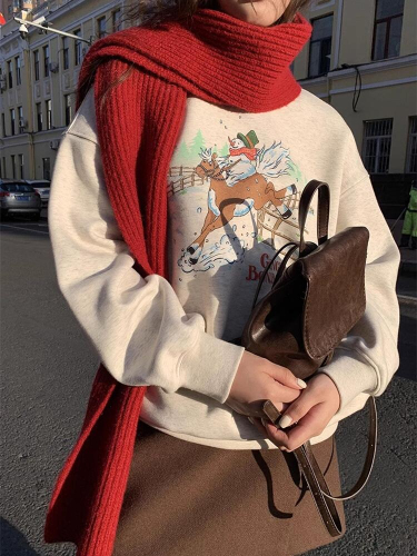 Official picture of Christmas snowman print round neck sweatshirt for women autumn and winter  new style velvet top for small people