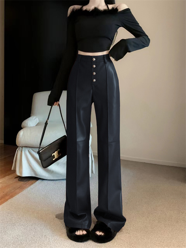 Actual shot of new autumn and winter PU leather casual pants, loose high-waisted straight slimming wide-leg leather pants