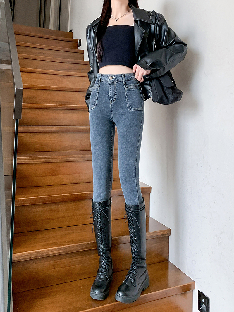 Actual shot ~ Blue and gray small-footed jeans for women in autumn, high-waisted, slimming, stretchy and tight pencil pants