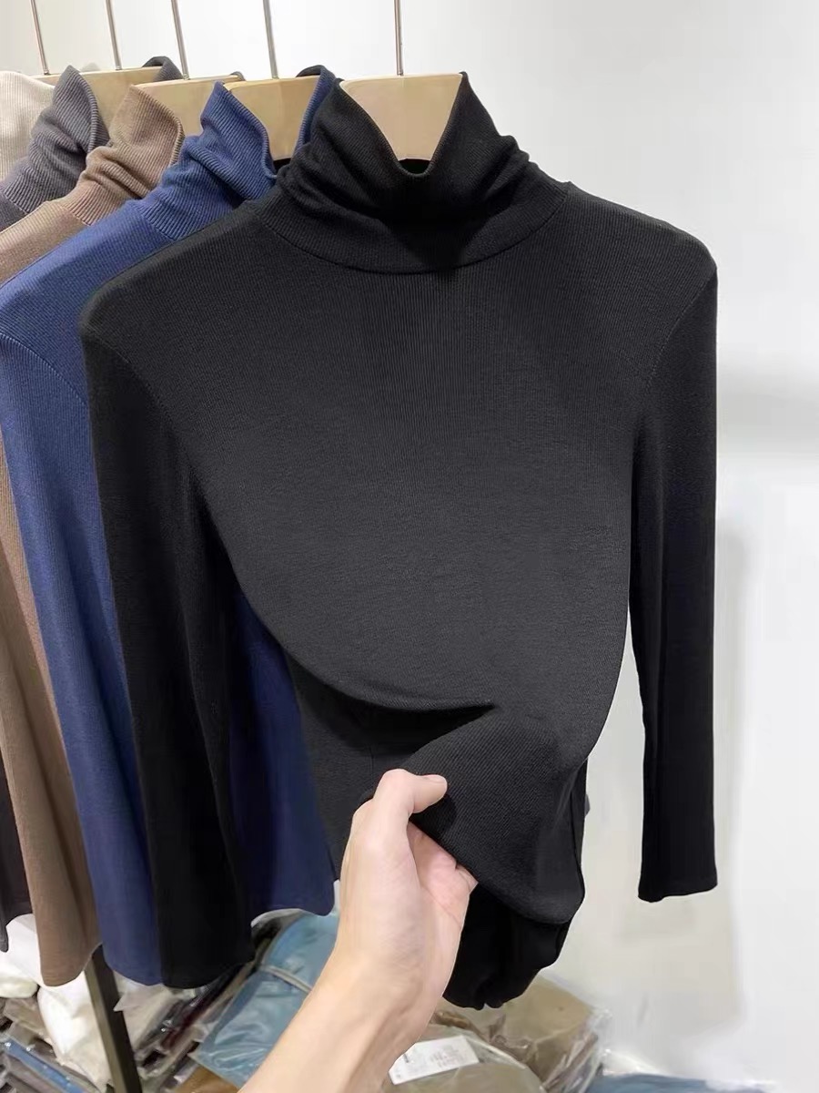Threaded cotton brushed plus thin velvet piled high collar long-sleeved T-shirt for women 2023 autumn and winter new inner layering shirt top