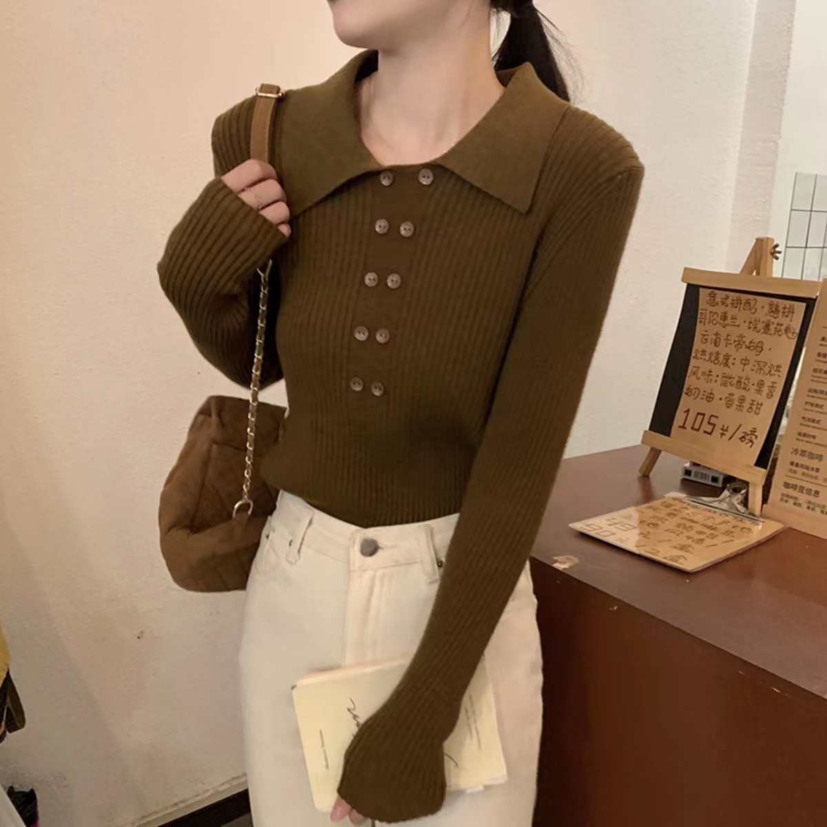 韓系POLO領坑條針織衫女秋季顯瘦修身翻領毛衣打底衫內搭別致上衣