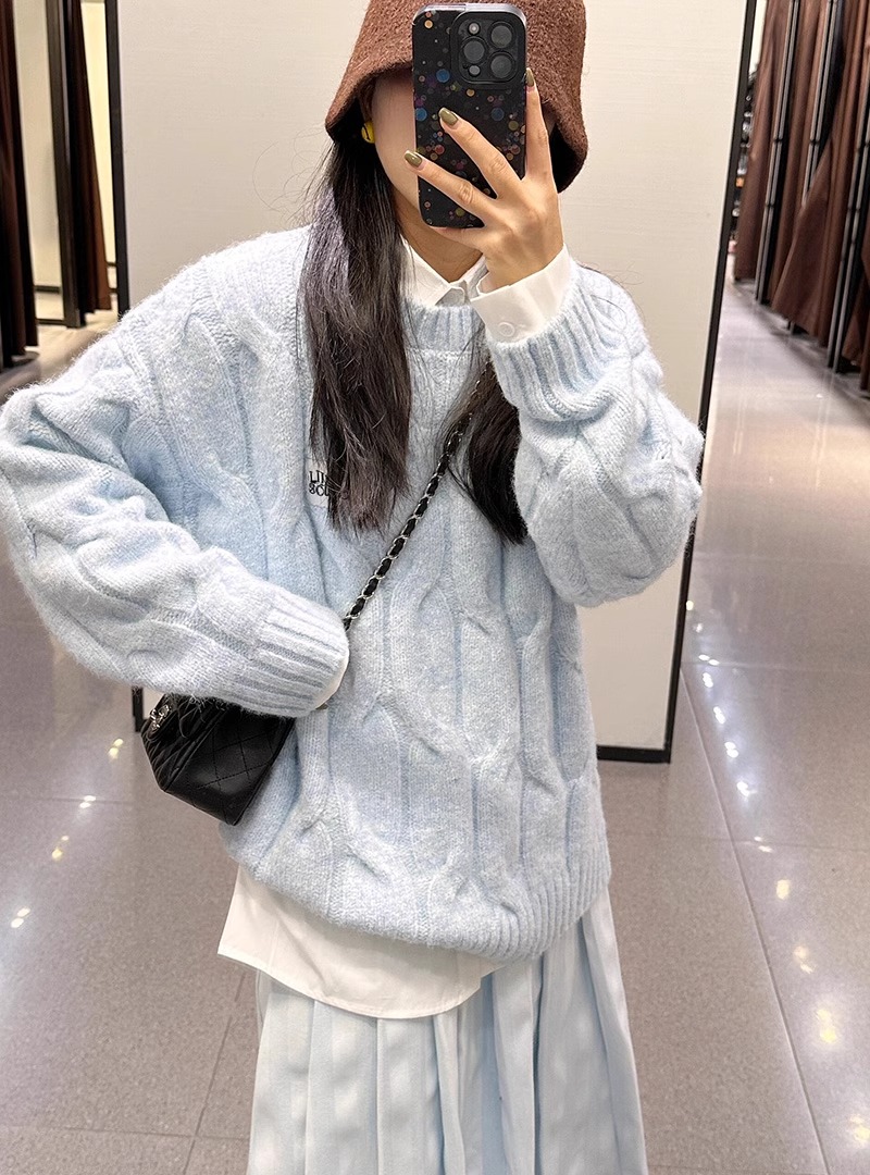 American Retro Blue Twist Round Neck Sweater Women's Autumn and Winter Loose College Style Versatile Knitted Sweater Top