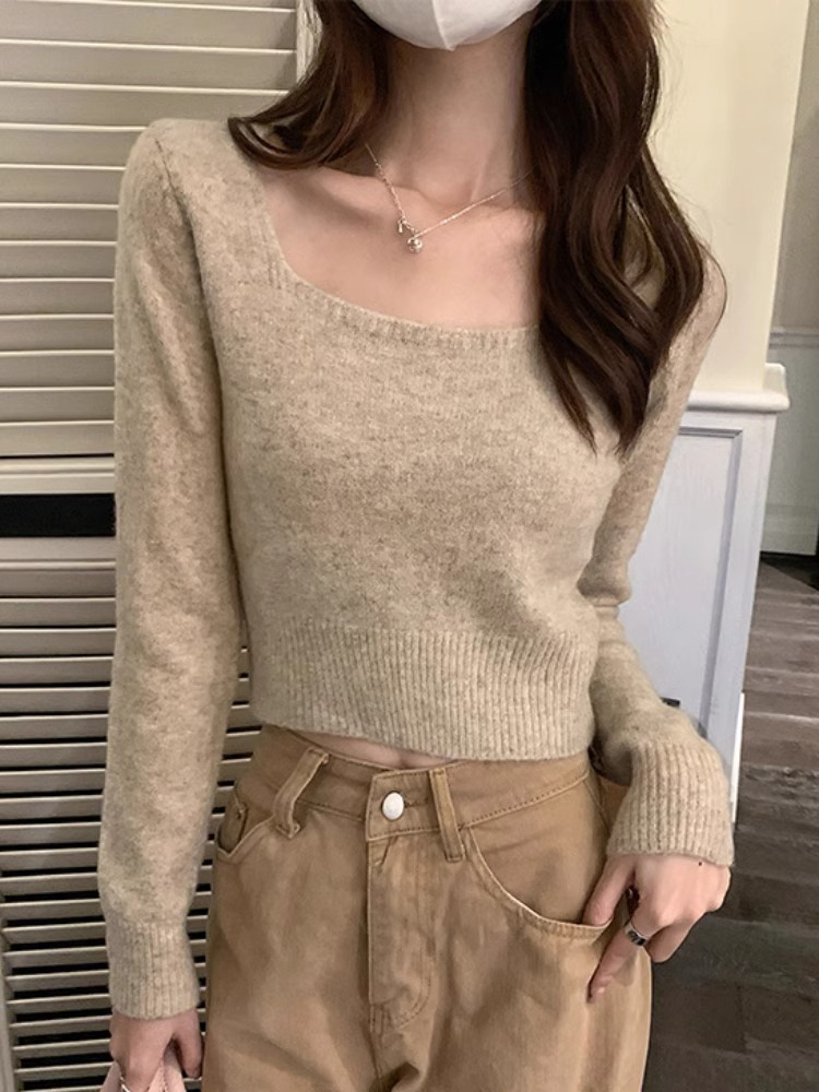Square neck sweater, knitted sweater, solid color top with bottoming shirt