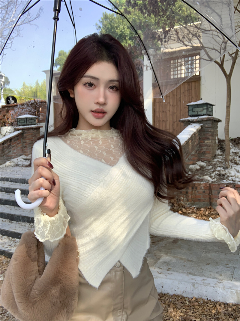 Real shot of winter lace stitching fake two-piece imitation mink fur design top bottoming sweater