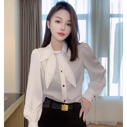 European style bow-knot pointed collar white shirt, new Korean style age-reducing versatile lantern sleeve shirt
