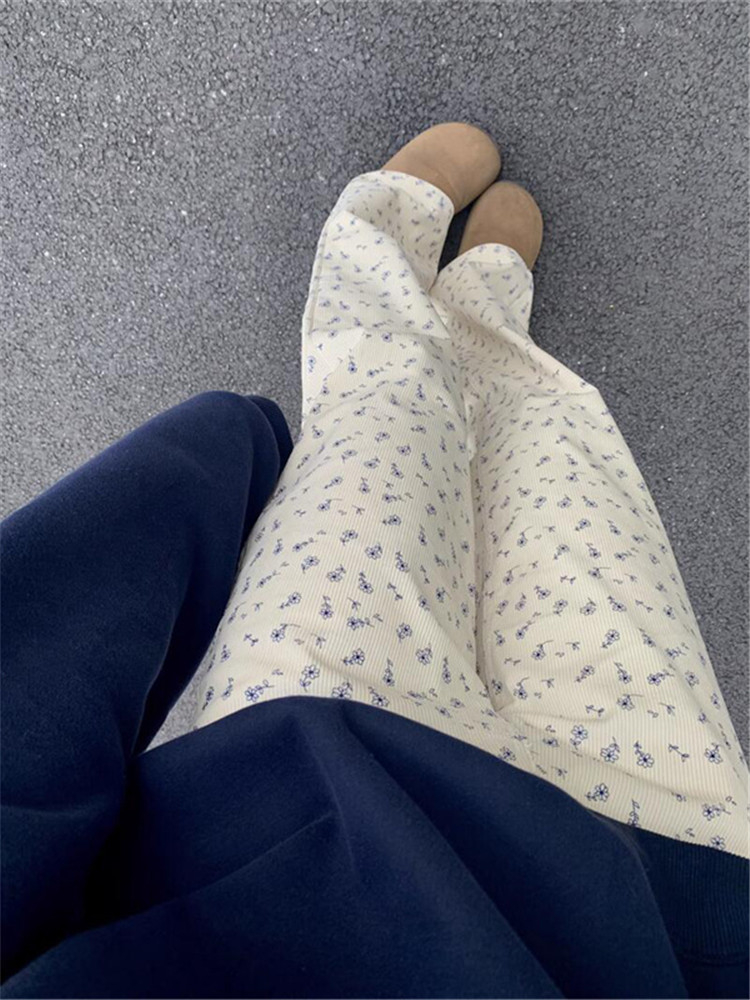 1420#米色燈芯絨碎花褲女秋冬款2023復古顯瘦窄版加絨加厚休閒褲