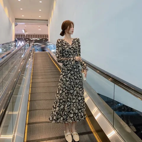 New long-sleeved dress with long hem New long-sleeved spring and autumn British style slim dress jumpsuit with waist