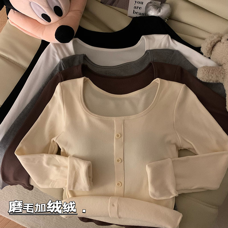 實拍 冬季磨毛加絨絨保暖上衣紐扣內搭打底衫帶胸墊修身顯瘦