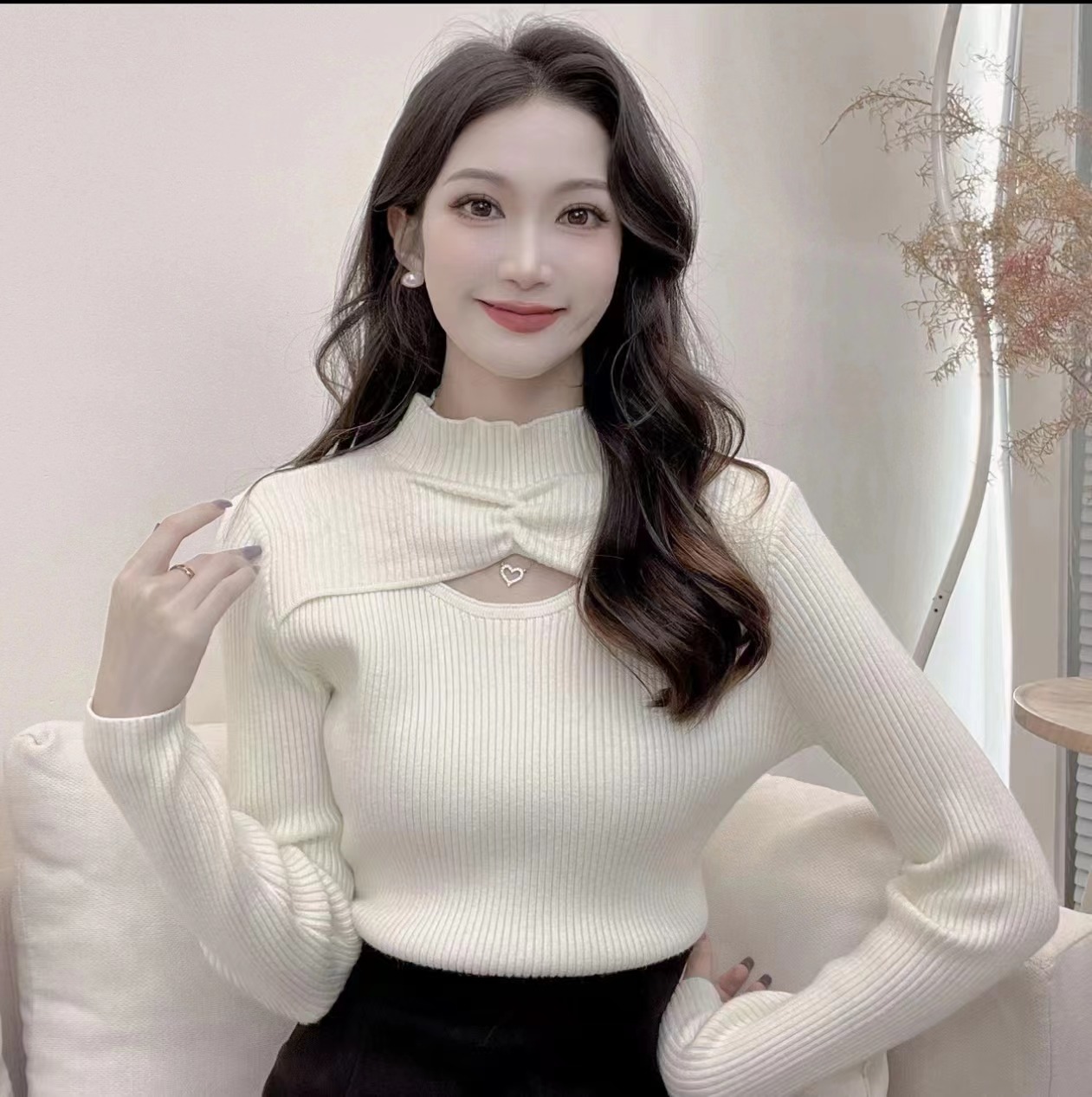 Half turtleneck hollow bottoming shirt for women in autumn and winter with white sweater and stylish 2023 new slim top knitted sweater