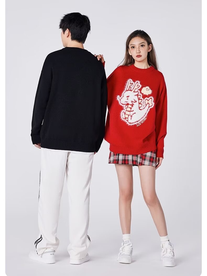 氛圍感吉祥龍年紅色毛衣女秋冬季新年上衣休閒毛休閒寬鬆針織衫