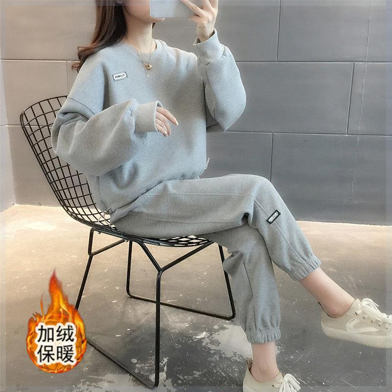 加絨加厚網紅休閒運動服套裝女秋冬季新款時尚寬鬆衛衣兩件套