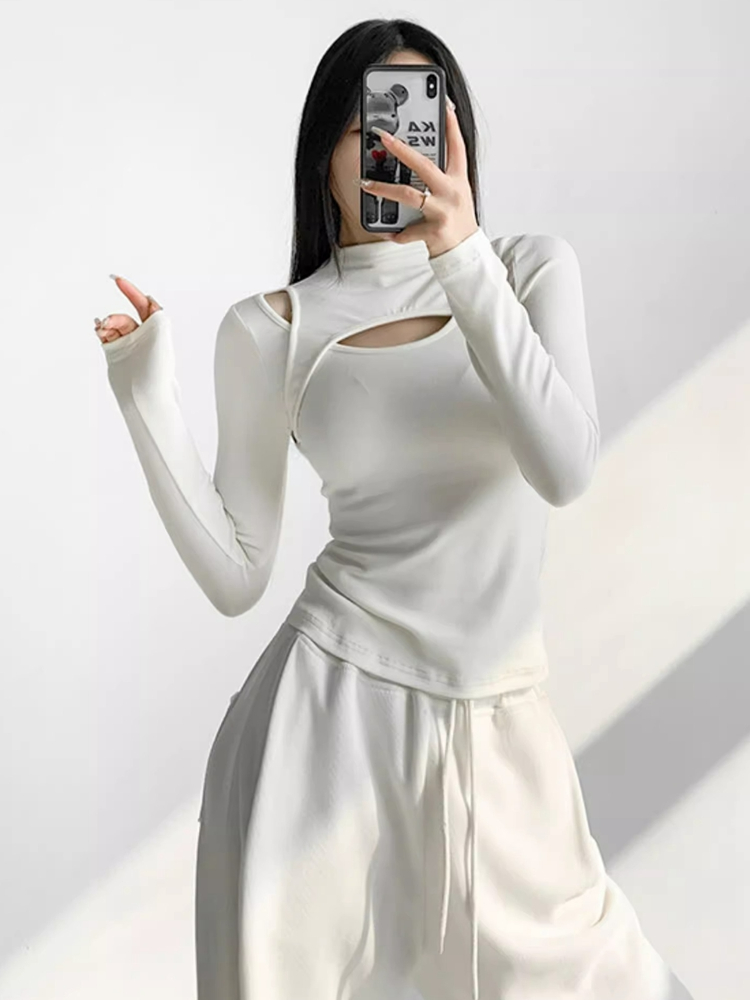 2024純欲風美式新款半高領長袖T恤女拼接鏤空打底衫