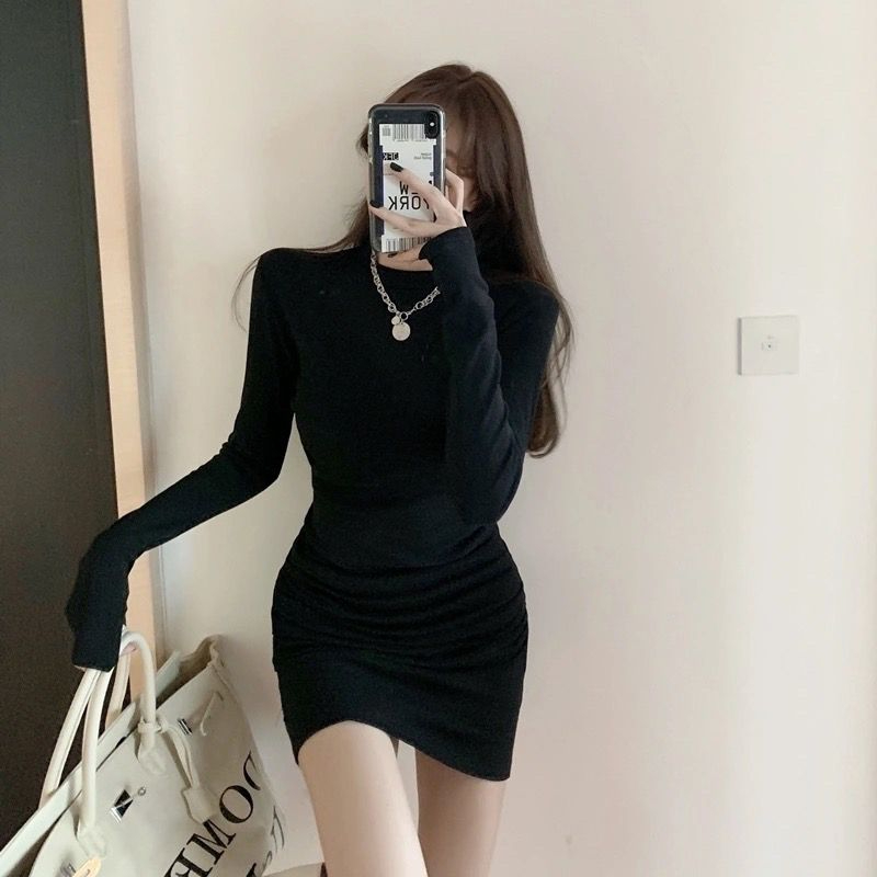 春秋新款小眾法式桔梗氣質連衣裙女修身性感顯瘦包臀打底內搭短裙