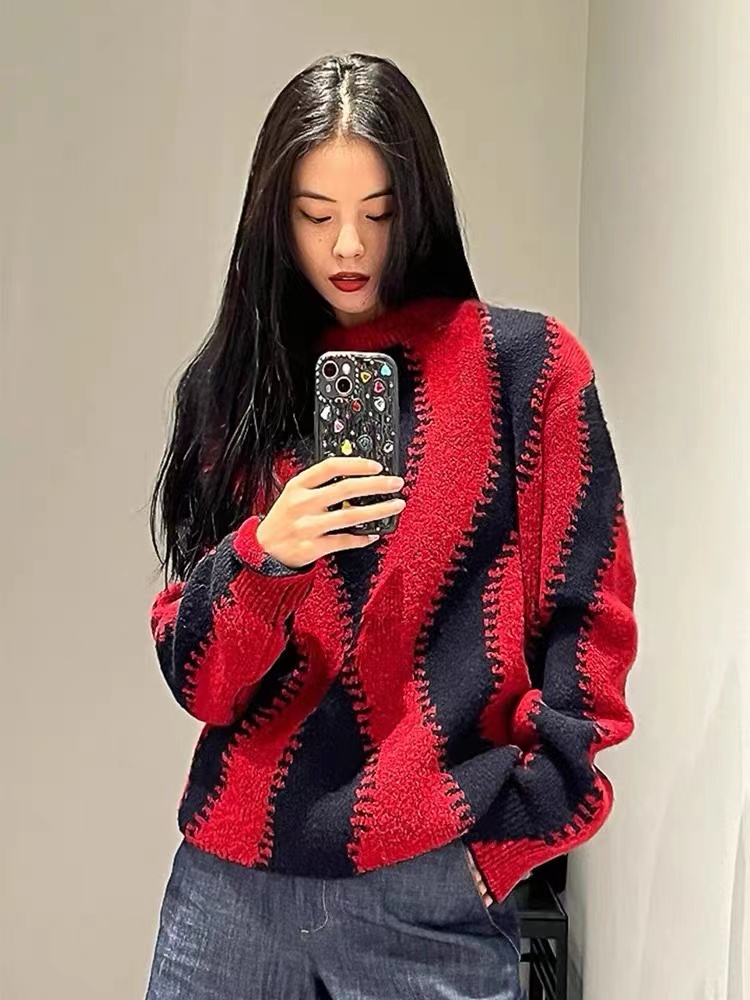 新款拼接撞色水波紋條紋提花混紡針織衫毛衣男女
