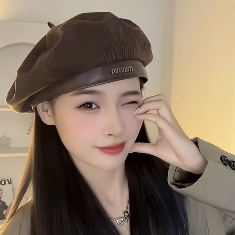 pu皮檐貝雷帽女2023新款秋冬燈芯絨帽子日系百搭復古畫家帽顯臉小