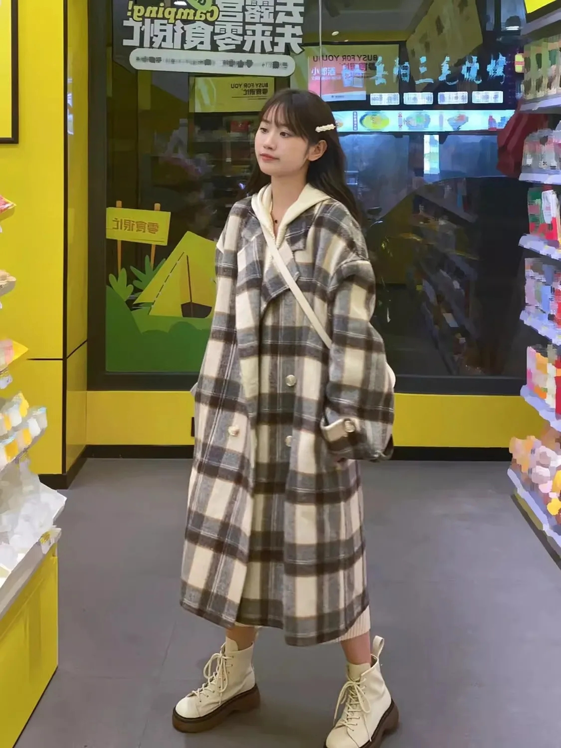 格子毛呢外套女2023秋冬季新款英倫風高級感小個子中長款呢子大衣