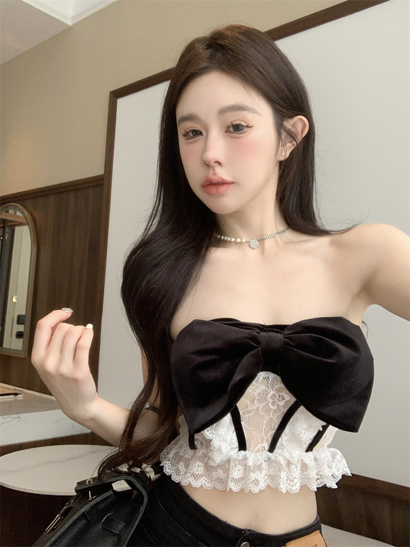 實拍~英倫風復古蕾絲拼接蝴蝶結時尚設計感修身顯瘦百搭抹胸背心