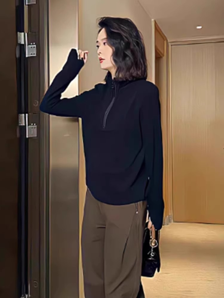 半拉鏈簡約歐貨秋冬立領長袖T恤女內搭