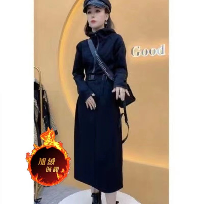 秋冬新款時尚韓版連帽拉鏈加絨衛衣連衣裙女休閒百搭收腰顯瘦裙子