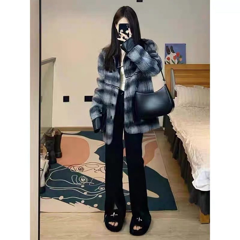 American high street retro gray suit two-wear detachable plush woolen coat autumn and winter lazy high-end chic shirt