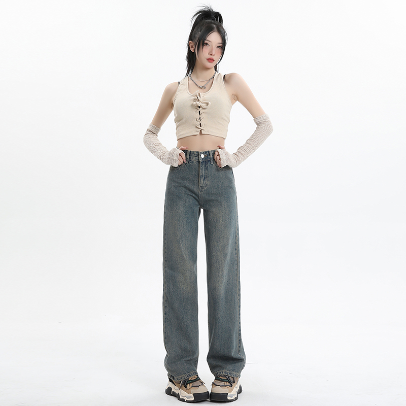 實拍 做舊水洗直筒牛仔褲女新款高腰復古寬鬆顯瘦休閒褲子女
