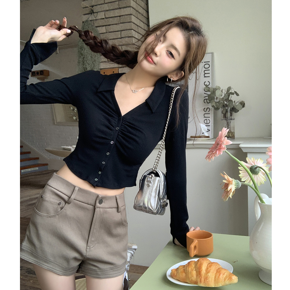 Actual shot of 2024 spring and summer new design pleated waist shirt for hot girls sexy slim slim polo collar short shirt
