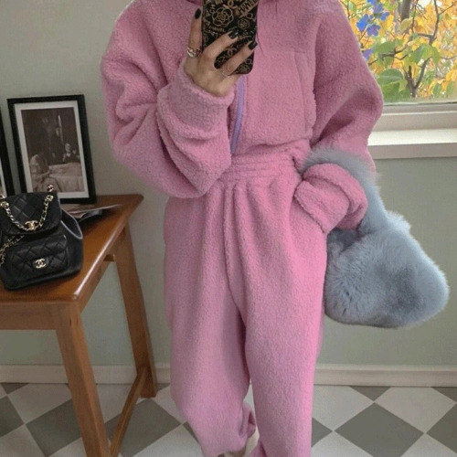 粉色加绒休闲运动服时尚高级感羊羔毛加厚连帽卫衣两件套装女秋冬