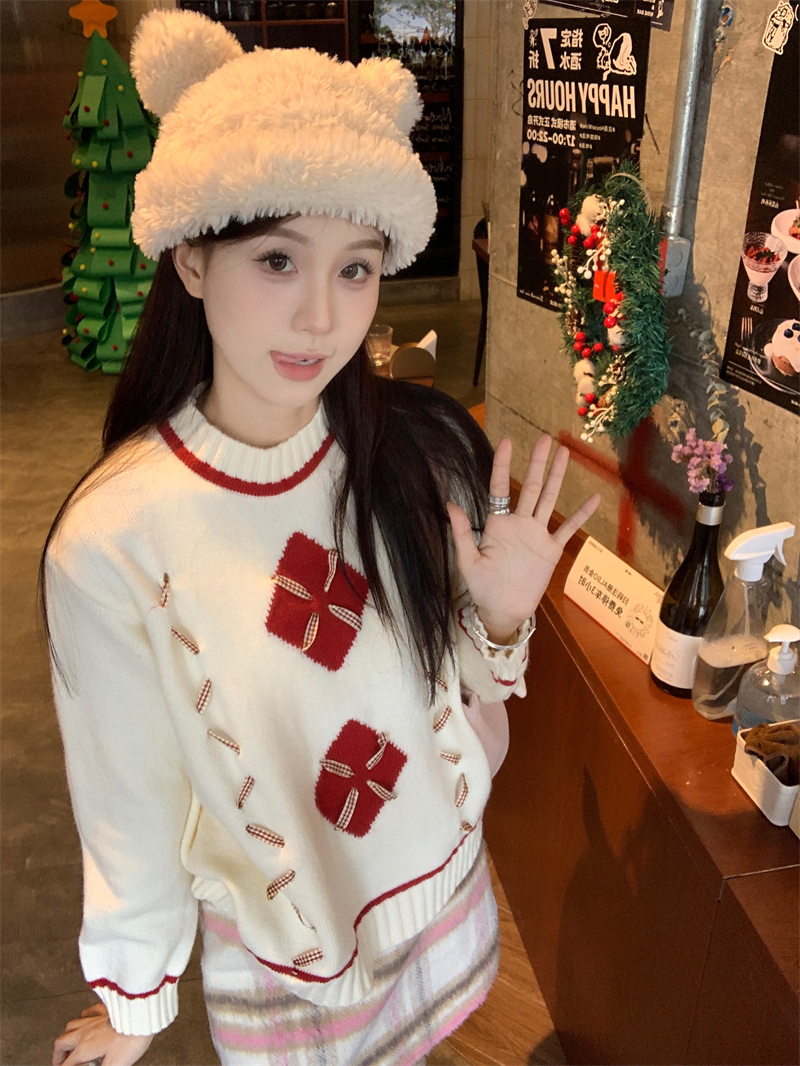實拍 冬季新款復古聖誕款感寬百搭圓領套頭保暖撞色長袖毛衣