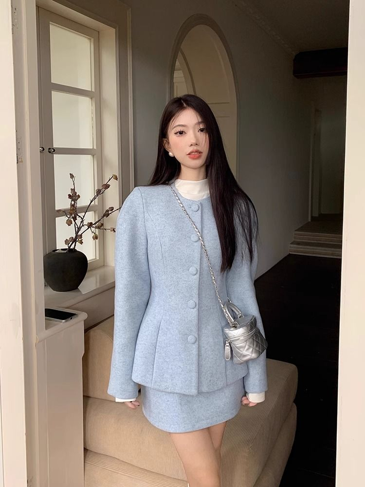 小香風高級感收腰顯瘦長袖毛呢外套半身裙女秋冬2023新款時尚套裝