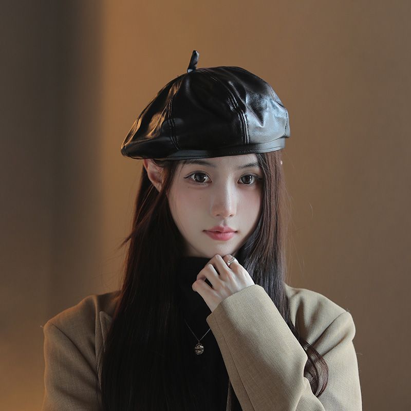 秋冬pu皮質貝雷帽女復古百搭顯臉小黑色報童蓓蕾時尚帽子潮流質感